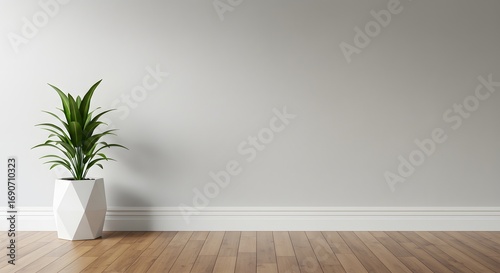 Modern Interior Design: Potted Green Plant in White Geometric Planter on Wooden Floor png clear alpha channel cutout isolated on transparent background