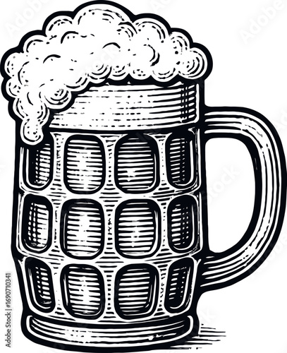 Detailed vintage engraving illustration of a beer mug with a foamy head in black and white, perfect for retro designs.
