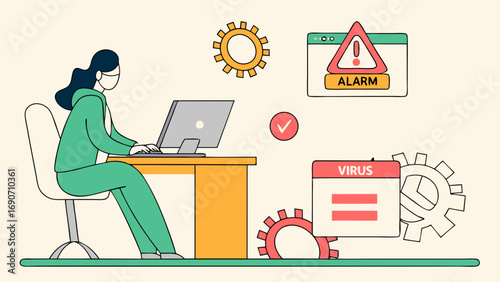 Working woman in mask at computer with virus alert notification and technical settings illustration.