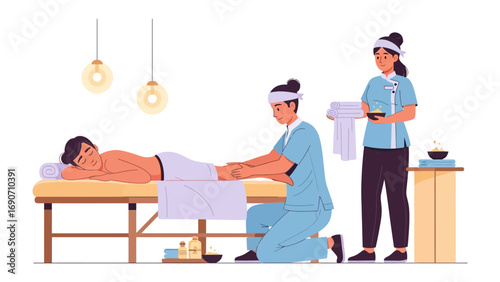 Relaxing spa treatment with a professional masseuse giving a leg massage to a man lying on a massage table in a serene wellness center