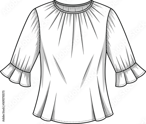 CAD drawing flat vector illustration of women’s blouse, flared sleeves, round neckline, loose fit, fashion top, casual wear, clothing design