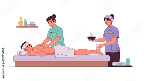 Two female therapists providing a relaxing full body massage and herbal treatment to a person lying on a massage table in a spa setting