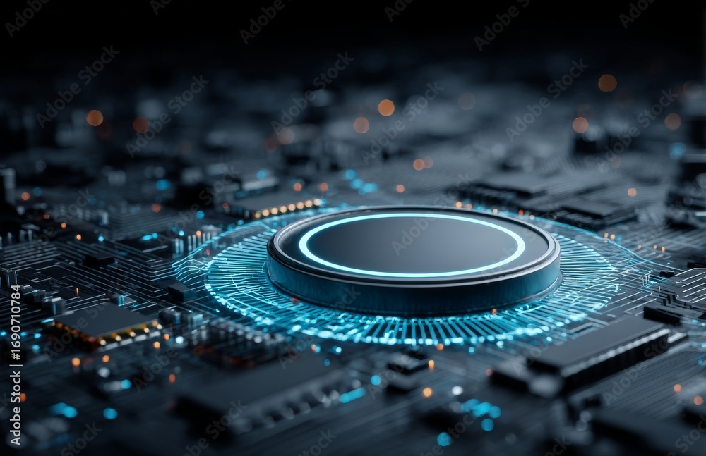 Obraz premium A futuristic circle with hi-tech elements and blue lines represents an abstract digital design that incorporates network features and a time tunnel concept, symbolizing innovation, data, connections