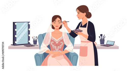 Professional makeup artist applying makeup to a bride sitting in a chair with a vanity mirror and beauty tools