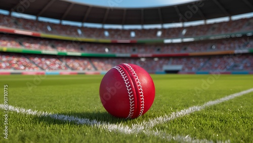 A cricket ball is placed on vibrant green grass, showcasing their texture. In the background, a stadium is full of enthusiastic fans enjoying a daytime match.