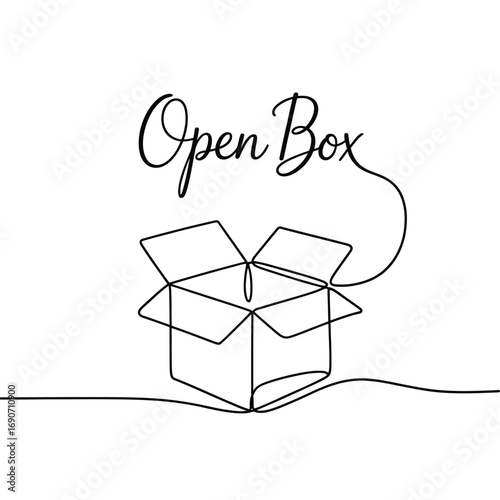 Minimalist open box line art with script text