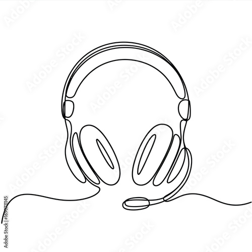 Minimalist line art drawing of headphones with microphone