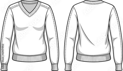 CAD drawing flat vector illustration of women’s V-neck sweater, front back views, long sleeve knitwear, casual fashion, ribbed cuffs, warm garment design