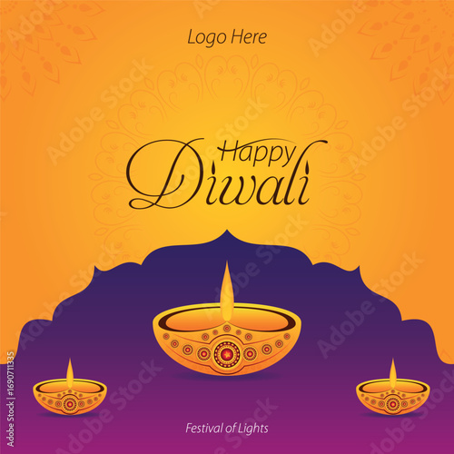 Beautiful diwali greeting card with shiny diya oil lamp background