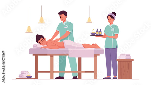 Professional spa therapists providing a relaxing massage treatment to a woman lying on a massage table with soothing ambient lighting