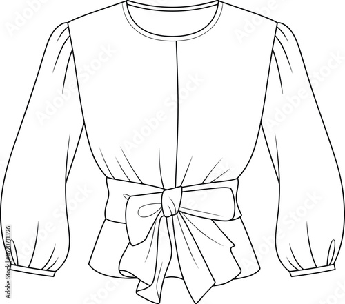 CAD drawing flat vector illustration of women's blouse with puff sleeves, round neckline, bow tie belt, peplum waist, elegant casual top, front view detailed garment design