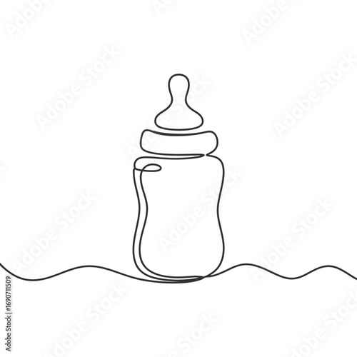 Minimalist single line drawing of a baby bottle on a wavy line