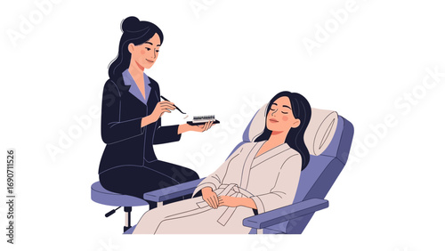 Professional makeup artist applying cosmetic products to a relaxed woman lying down in a beauty salon chair