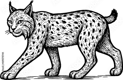 Monochrome image of a walking lynx, showcasing its spotted coat, tufted ears, and short tail in a vintage engraving style. Detailed wildlife illustration.