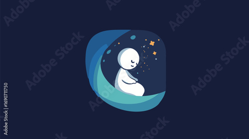 A relaxed figure sits calmly with eyes closed, surrounded by a soothing dark blue backdrop. Stars and golden sparks float gently, creating a tranquil atmosphere of serenity and peace.