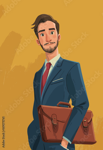 A business professional dressed in a tailored suit stands confidently with a briefcase. The bright background highlights his expression, conveying determination and readiness for upcoming challenges.