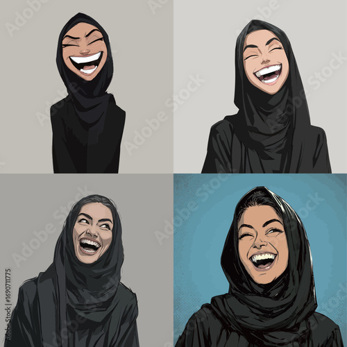 A joyful woman wearing a hijab is depicted in four distinct artistic styles. Each artwork captures her infectious laughter against varying background colors.