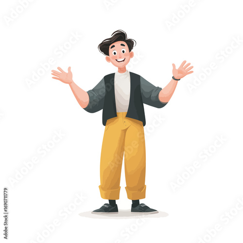 A cheerful young man stands smiling with arms outstretched. He wears a casual outfit featuring a vest and loose trousers, exuding a friendly vibe. The character appears animated and lively.