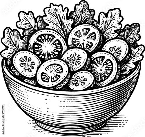 Monochrome detailed woodcut of a bowl filled with a fresh salad, showcasing sliced tomatoes and lettuce. Classic engraving style on a white background ideal for illustrating healthy food.