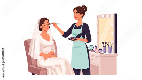 Bride receiving professional makeup application from a makeup artist in a salon setting on her wedding day