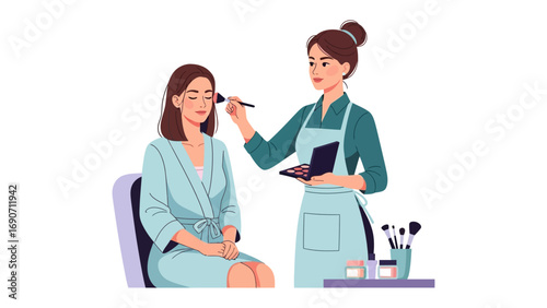 Professional makeup artist applying cosmetics to a woman s face with a brush and palette in a beauty salon setting
