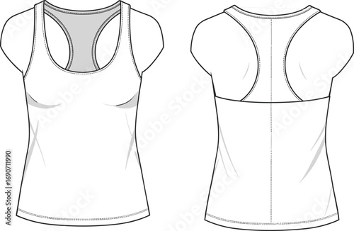 CAD drawing flat vector illustration of women's sleeveless tank top with racerback design, fitted silhouette, scoop neckline, front and back views, casual fashion apparel