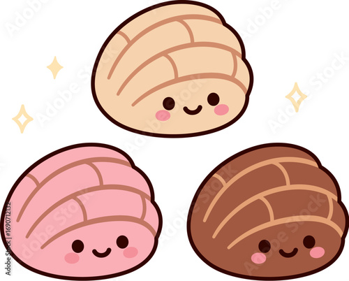 Concha, traditional Mexican sweet bread (pan dulce) set. Kawaii face, chocolate, strawberry and vanilla flavors. Simple cartoon vector illustration.