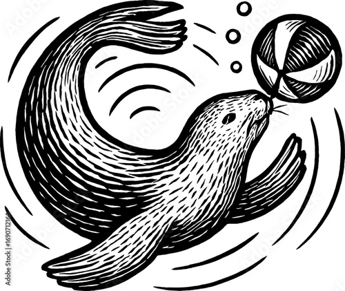 A black and white illustration features a seal balancing a striped ball. The vintage artwork includes bubbles and flowing lines, showcasing a retro style.