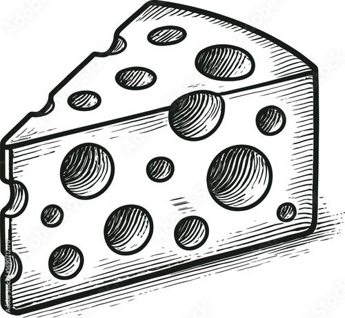 A monochrome illustration presents a triangular block of cheese, defined by its characteristic round holes and textured surface in a vintage engraving style.