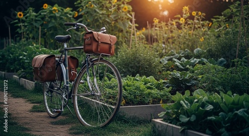 Vintage-style bicycle with pannier bags parked near community garden