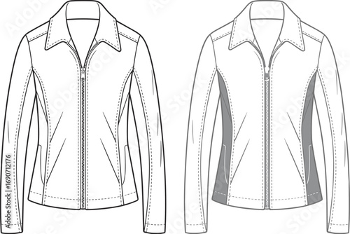 CAD drawing flat vector illustration of women's zip-up jacket with collar, long sleeves, fitted waist, front and back views, casual outerwear, stylish fashion apparel