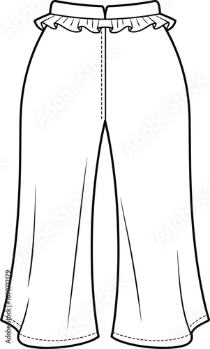 CAD drawing flat vector illustration of women's wide-leg pants with ruffle waistband, high waist, loose fit, casual fashion style, front view, stylish garment design