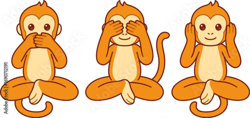 Three wise monkeys with hands covering eyes, ears and mouth: See no evil, Hear no evil, Speak no evil. Cute cartoon funny character illustration.