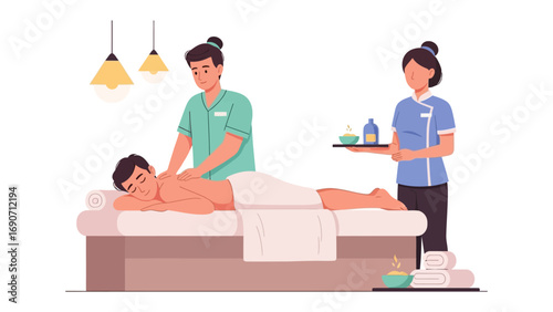 Skilled masseuse providing a relaxing therapeutic massage to a contented client on a spa treatment table with a second therapist holding massage oils