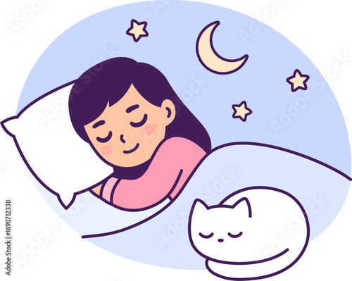 Cute cartoon sleeping girl with cat on bed. Little child, sweet dreams vector illustration.