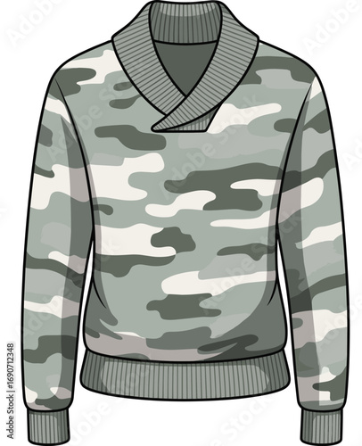 Camouflage shawl collar sweater, men’s casual pullover, military-inspired knitwear fashion design, trendy winter top sketch, cad drawing flat vector illustration