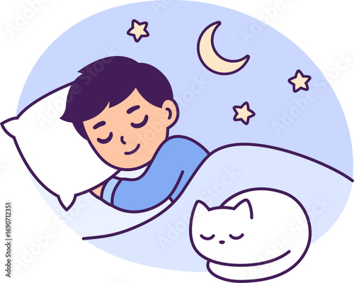 Cute cartoon sleeping boy with cat on bed. Little child, sweet dreams vector illustration.