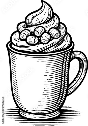 A monochrome illustration features a mug filled with a creamy topping and garnished with mini marshmallows, showcasing a vintage hand drawn style.