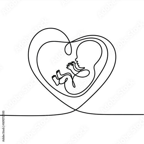 Heart shaped embrace of fetal development in single line art