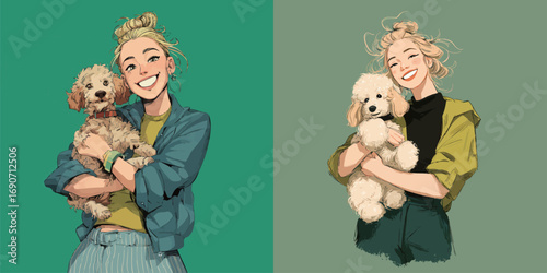 A young woman with a playful expression hugs two fluffy poodles, showcasing a vibrant and positive atmosphere. She stands confidently, radiating joy and warmth.