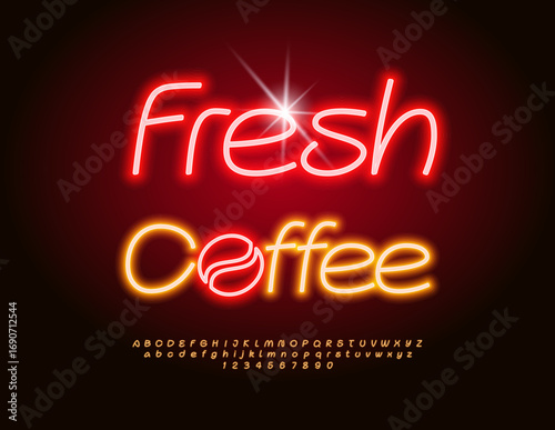 Vector Promo board Fresh Coffee for Cafe. Trendy Neon Font. Bright Led Light Alphabet Letters and Numbers set.