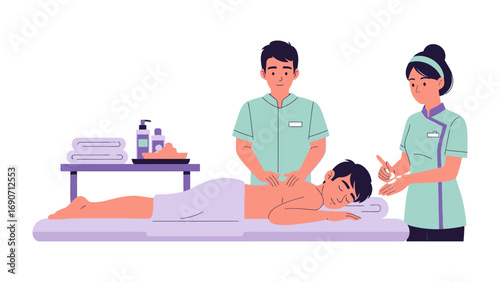 Two professional massage therapists providing a therapeutic deep tissue massage to a relaxed client lying on a massage table in a clean spa setting