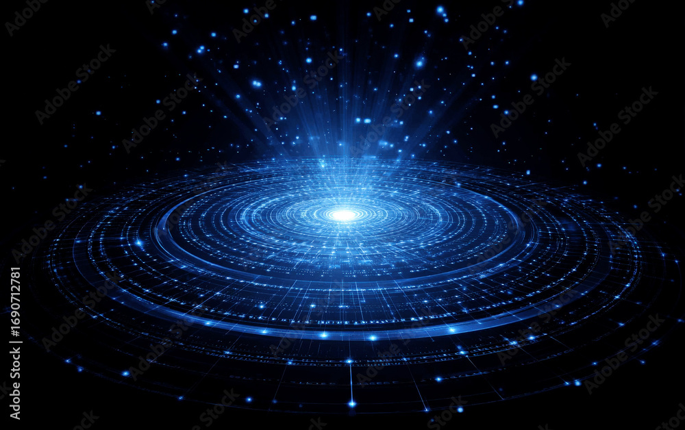 Obraz premium Vibrant Blue Circular Digital Network with Radiating Lights