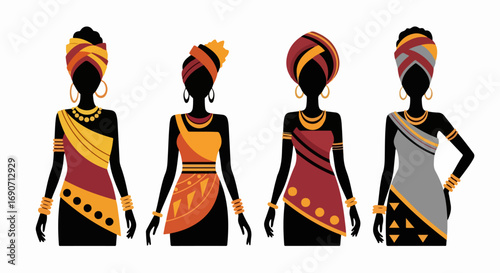 African Women Silhouettes in Traditional Attire and Headwraps.