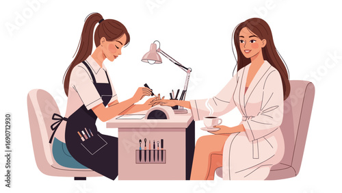 Young woman relaxing at a nail salon receiving a manicure from a professional beautician in a comfortable spa setting