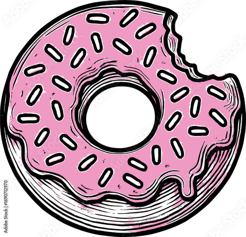 Illustration of a pink donut with sprinkles. This sweet treat has a bite taken out of it, revealing its deliciousness. Isolated on a white background.