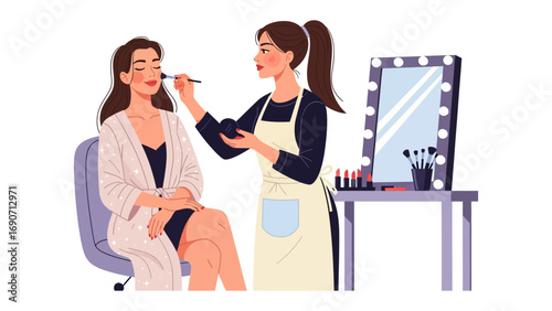 Professional makeup artist applying cosmetic makeup to a client s face in a well lit beauty studio with a vanity mirror