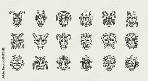 Collection of Mayan Tribal Masks Line Art.