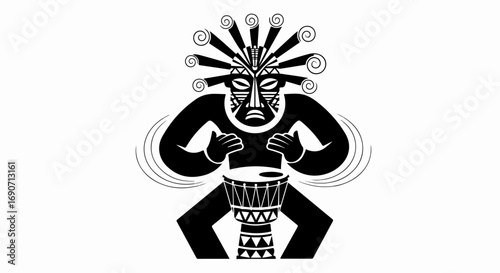 Energetic Tribal Drummer with Ornate Mask and Headdress.