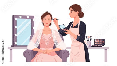 Professional makeup artist applying eyeshadow to a seated woman in a beauty salon with a vanity mirror and makeup supplies